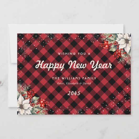 Rustic Red Plaid Snowflake Botanical New Year Card Feestdagenkaart (Voorkant)