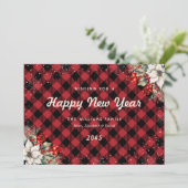 Rustic Red Plaid Snowflake Botanical New Year Card Feestdagenkaart (Staand voorkant)