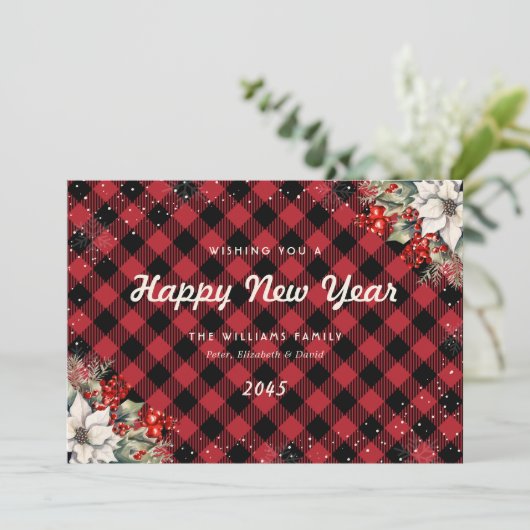 Rustic Red Plaid Snowflake Botanical New Year Card Feestdagenkaart (Staand voorkant)