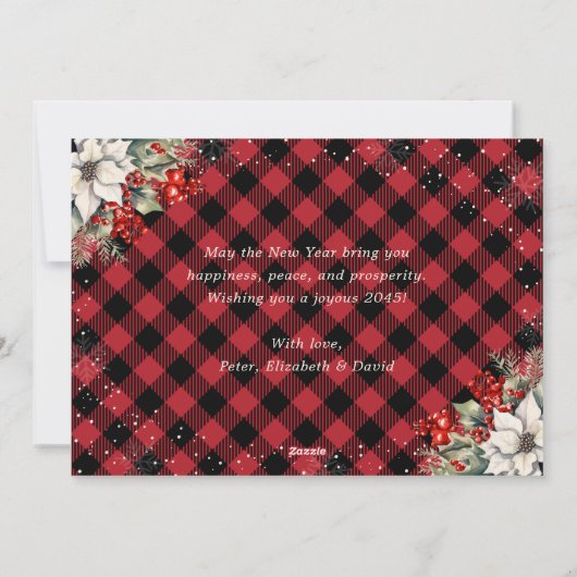 Rustic Red Plaid Snowflake Botanical New Year Card Feestdagenkaart (Achterkant)