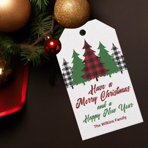 Rustic Red Plaid Vrolijk Kerstfeest Gelukkig Nieuw Cadeaulabel
