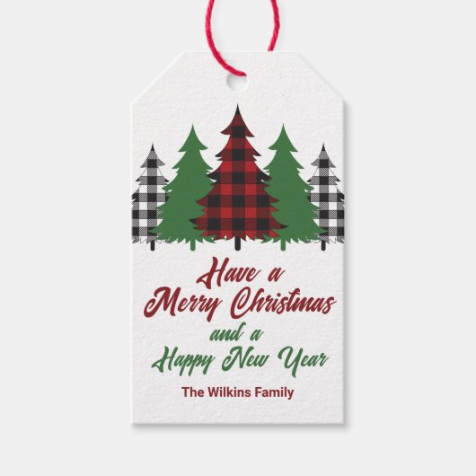 Rustic Red Plaid Vrolijk Kerstfeest Gelukkig Nieuw Cadeaulabel (Voorkant)
