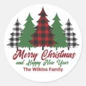 Rustic Red Plaid Vrolijk Kerstfeest Gelukkig Nieuw Ronde Sticker (Voorkant)