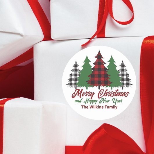 Rustic Red Plaid Vrolijk Kerstfeest Gelukkig Nieuw Ronde Sticker