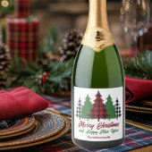 Rustic Red Plaid Vrolijk Kerstfeest Gelukkig Nieuw Sparkling Wijnetiket