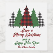 Rustic Red Plaid Vrolijk Kerstfeest Gelukkig Nieuw Wijn Etiket (Enkel label)