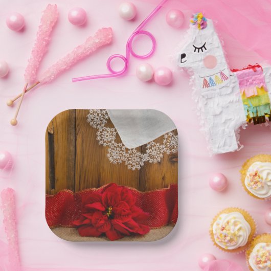 Rustic Red Poinsettia Country Winter Weddenschap Papieren Bordje (Feest)