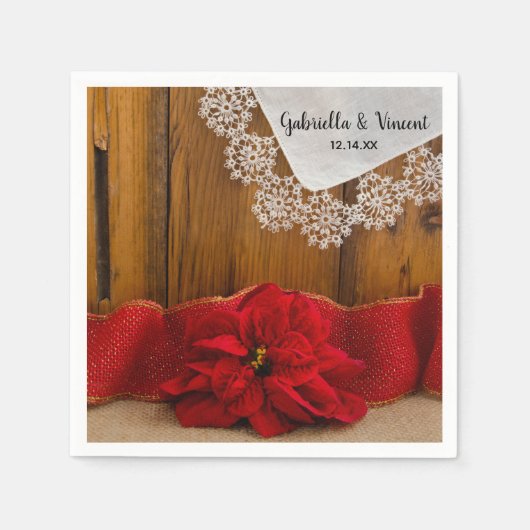 Rustic Red Poinsettia Country Winter Weddenschap Servet (Voorkant)