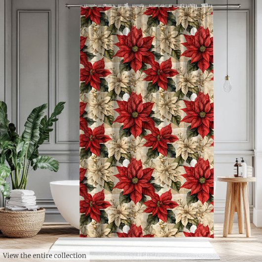 Rustic Red Poinsettia Curtain Classic Xmas Flowers Douchegordijn