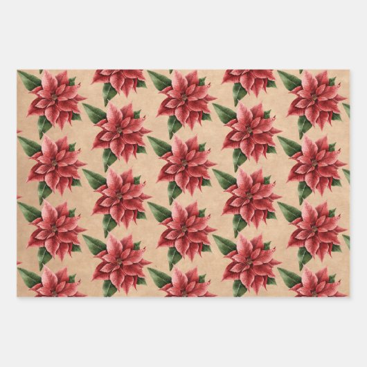 Rustic Red Poinsettia Floral Pattern kerst Inpakpapier Vel (Voorkant)