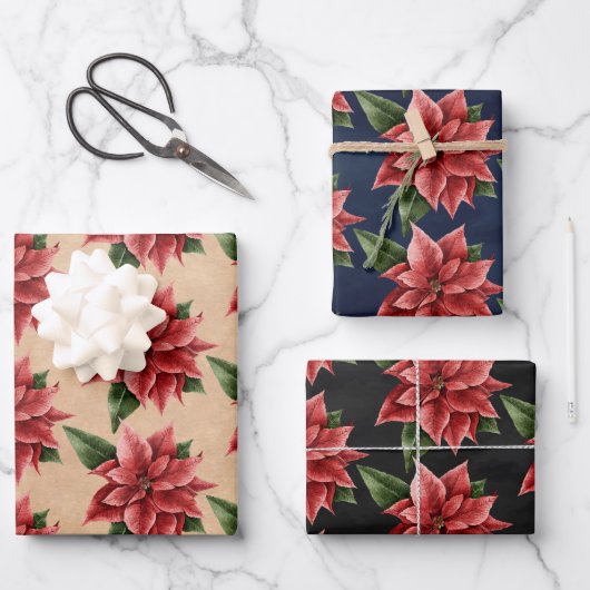 Rustic Red Poinsettia Floral Pattern kerst Inpakpapier Vel (Voorkant)