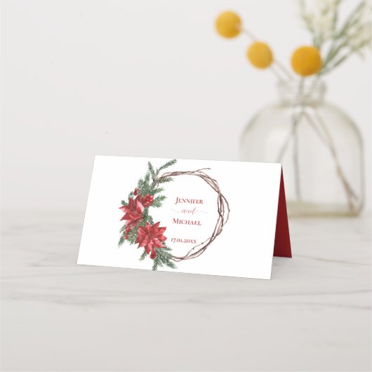 Rustic Red Poinsettia Pine Greenery Wedding Plaatskaartje (Achterkant)
