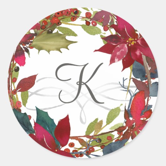 Rustic Red Poinsettia Waterverf Floral Initiaal Ronde Sticker (Voorkant)