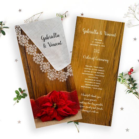Rustic Red Poinsettia Winter Wedding Programme Programmakaart