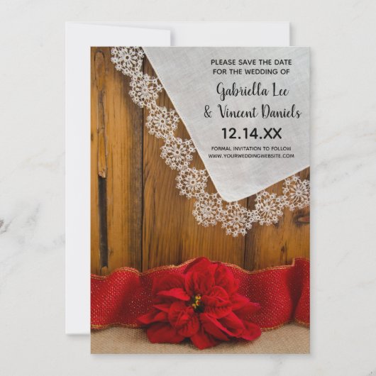 Rustic Red Poinsettia Winter Wedding Save the Date Kaart (Voorkant)