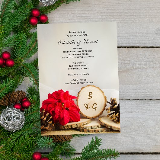 Rustic Red Poinsettia Woodland Wedding Invitation Kaart