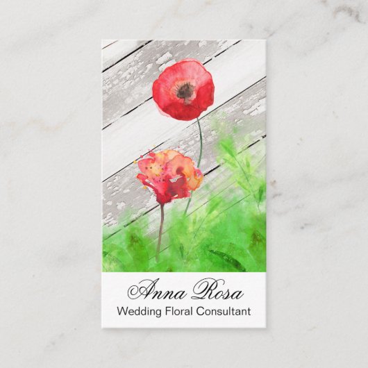 *~* Rustic Red Poppy Flowers  Hout Visitekaartje (Voorkant)