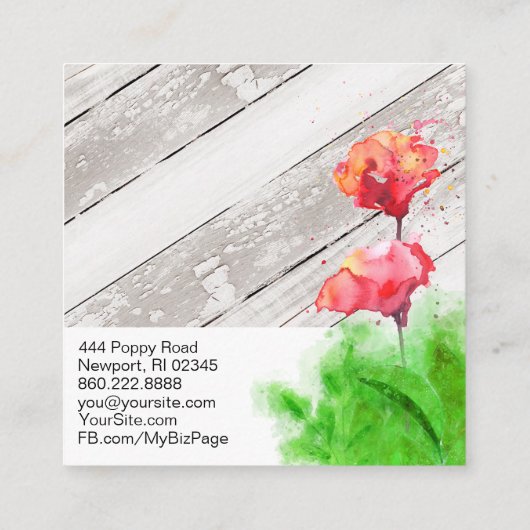 *~* Rustic Red Poppy Flowers  Wood Chic Vierkante Visitekaartje (Achterkant)