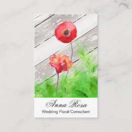*~* Rustic Red Poppy Flowers  Wood Girly Visitekaartje