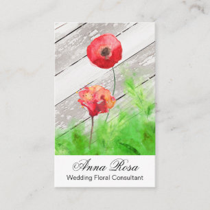 *~* Rustic Red Poppy Flowers Wood Girly Visitekaartje