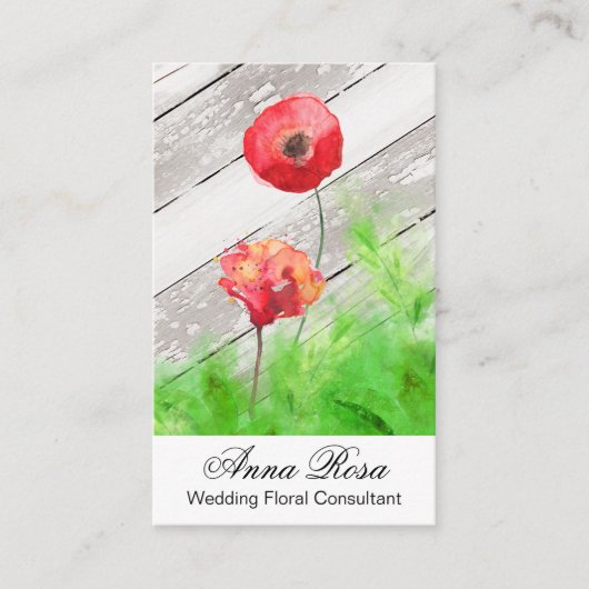 *~* Rustic Red Poppy Flowers Wood Girly Visitekaartje (Voorkant)