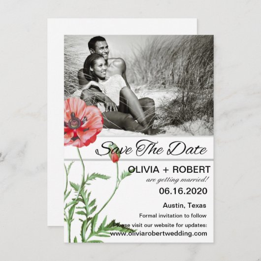 Rustic Red Poppy Uw foto Bewaar de datum Kaart (Voorkant / Achterkant)