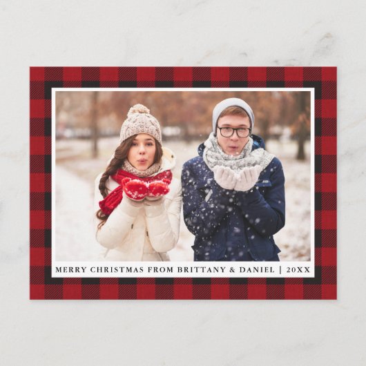 Rustic Red Pset Couple Photo Merry Kerstmis Briefkaart (Voorkant)