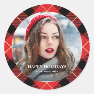 Rustic Red Pset Faux Gold Photo met kerstfeestdag Ronde Sticker