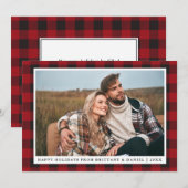 Rustic Red Pset Prettige feestdagen Couple Foto Feestdagenkaart (Voorkant / Achterkant)