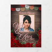 Rustic Red Rose Charro Land Western Quinceañera Drieluik Uitnodiging (Cover)