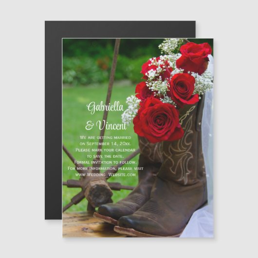 Rustic Red Rose Cowboy Boots Wedding Save the Date Magnetische Uitnodiging (Voorkant / Achterkant)