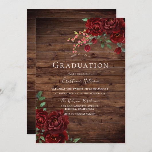 Rustic Red Rose Romantic Floral Gradual Party Kaart (Voorkant / Achterkant)