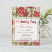 Rustic Red Roses Birthday Invitation Lace Wood Kaart (Staand voorkant)