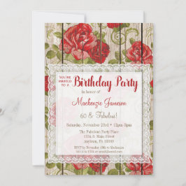 Rustic Red Roses Birthday Invitation Lace Wood Kaart