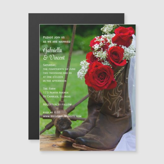 Rustic Red Roses en Cowboy Boots country Wedding Magnetische Uitnodiging (Voorkant / Achterkant)