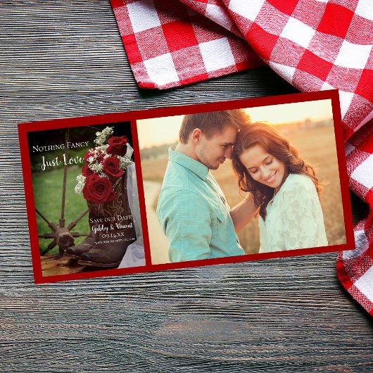 Rustic Red Roses en Cowboy Boots Wedding Save The Date
