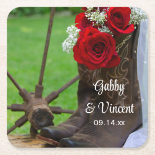 Rustic Red Roses en Cowboy Boots Western huwelijk Kartonnen Onderzetters
