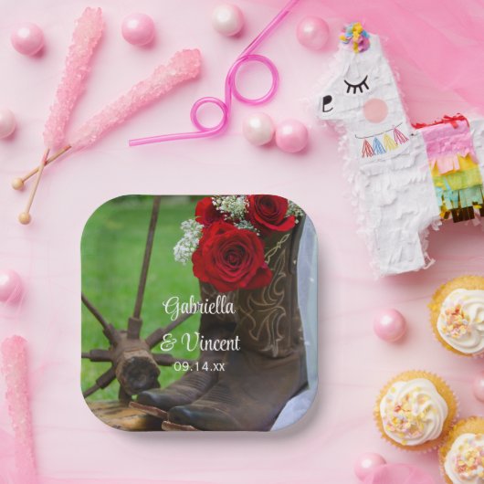 Rustic Red Roses en Cowboy Boots Western huwelijk Papieren Bordje (Feest)