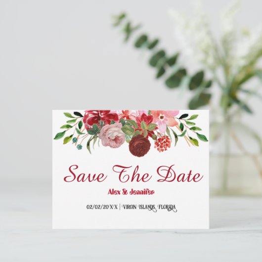 Rustic Red Roses Floral sparen de Datum aankondigi Briefkaart (Staand voorkant)