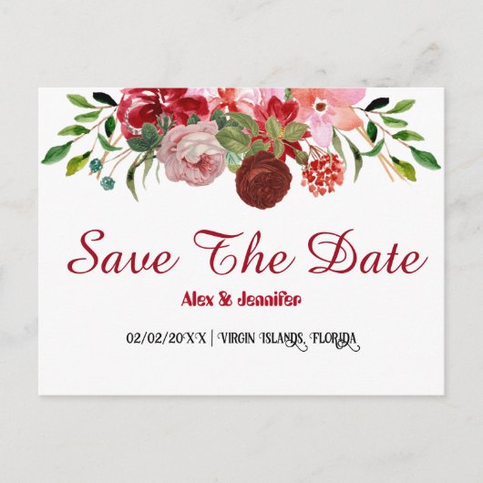 Rustic Red Roses Floral sparen de Datum aankondigi Briefkaart (Voorkant)