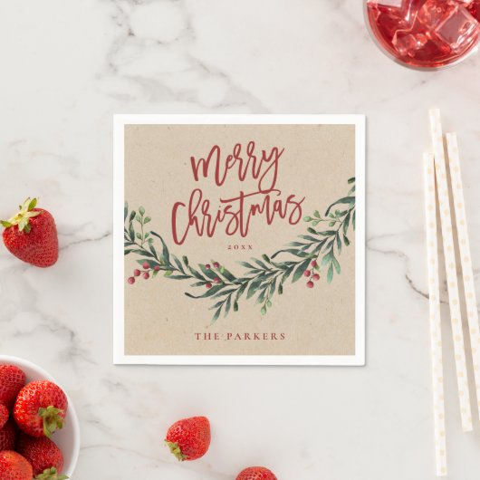 Rustic Red Script Merry KerstGreenery Servet (Insitu)