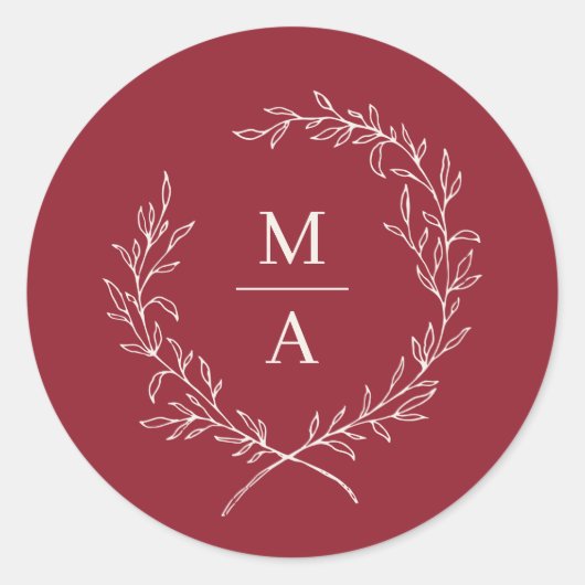 Rustic Red Simple Elegant Laurel Wreate Monogram Ronde Sticker (Voorkant)