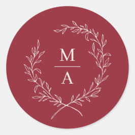 Rustic Red Simple Elegant Laurel Wreate Monogram Ronde Sticker