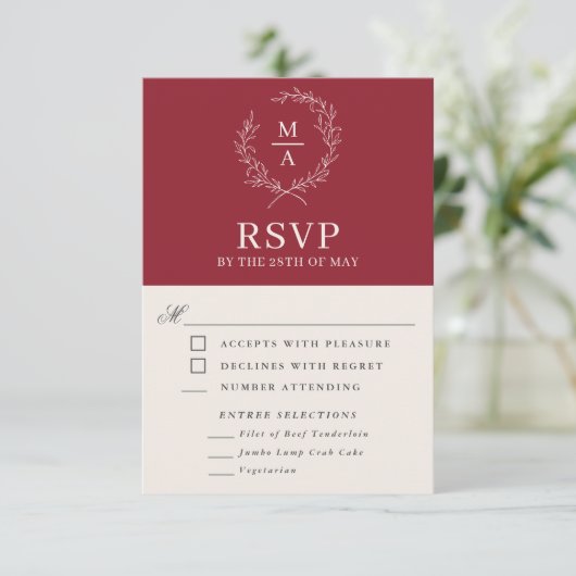 Rustic Red Simple Elegant Monogram RSVP met maalti (Staand voorkant)