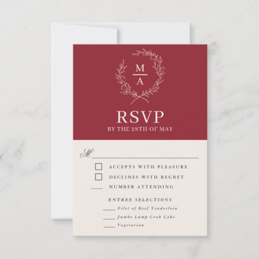 Rustic Red Simple Elegant Monogram RSVP met maalti Kaartje (Voorkant)