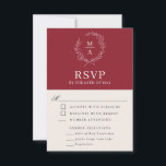 Rustic Red Simple Elegant Monogram RSVP met maalti Kaartje<br><div class="desc">Dit ontwerp biedt een smaakvolle en klassieke keuze in trouwreactiekaarten en biedt een eenvoudige elegantie in de tekstlay-out en klassieke stijl. Een eenvoudige open laurierlaag van geschetste bladeren omringt het monogram initiaal van de bruid en de bruidegom. De elegante maar eenvoudige tekstsjabloon heeft maaltijdselecties die u met uw gewenste ingangen...</div>