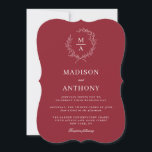 Rustic Red Simple Elegant Monogram Weddenschap Kaart<br><div class="desc">Een smaakvolle en klassieke keuze in trouwuitnodigingen, dit ontwerp biedt een eenvoudige elegantie in de stijl van de tekstlay-out en haakvorm. Een eenvoudige open laurierlaag van geschetste bladeren omringt het monogram initiaal van de bruid en de bruidegom. De elegante maar eenvoudige tekst sjabloon is klaar om met uw trouwdetails te...</div>