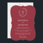 Rustic Red Simple Elegant Monogram Weddenschap Kaart<br><div class="desc">Een smaakvolle en klassieke keuze in trouwuitnodigingen, dit ontwerp biedt een eenvoudige elegantie in de stijl van de tekstlay-out en haakvorm. Een eenvoudige open laurierlaag van geschetste bladeren omringt het monogram initiaal van de bruid en de bruidegom. De elegante maar eenvoudige tekst sjabloon is klaar om met uw trouwdetails te...</div>
