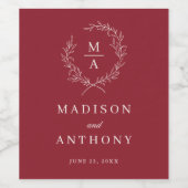 Rustic Red Simple Elegant Monogram Weddenschap Wijn Etiket (Enkel label)
