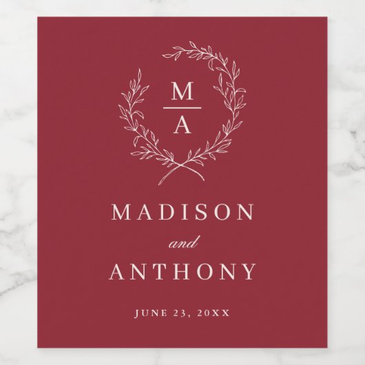 Rustic Red Simple Elegant Monogram Weddenschap Wijn Etiket (Enkel label)